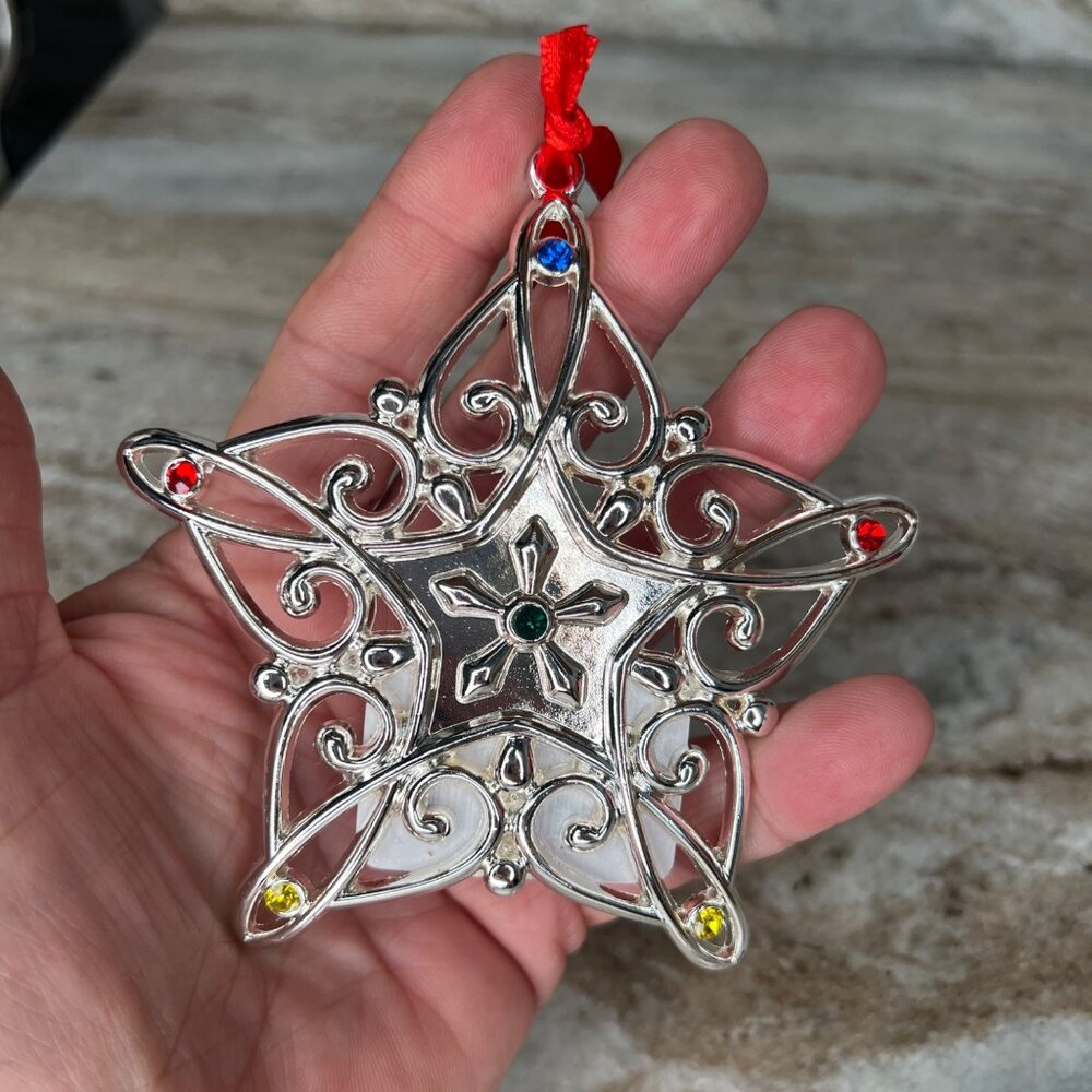 Lenox Sparkle & Scroll 4” Snowflake Ornament Multicolored Gems Silver-plate